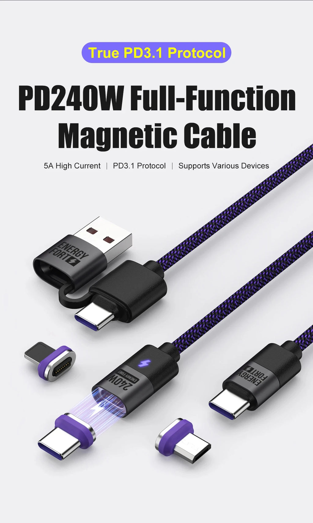 240W Magnetic Charging Cable PD3.1 5A Fast Charging USB C Cable Magnetic Phone Charger Cord for iPhone 17 Pro Max Samsung Xiaomi