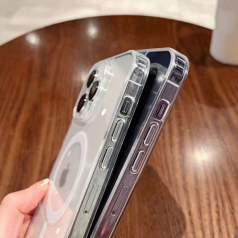 For Magesafe Magnetic Transparent Wireless Charge Case For iPhone 11 12 13 14 15 16 17 Air Pro Max Plus Mini Shockproof PC Cover